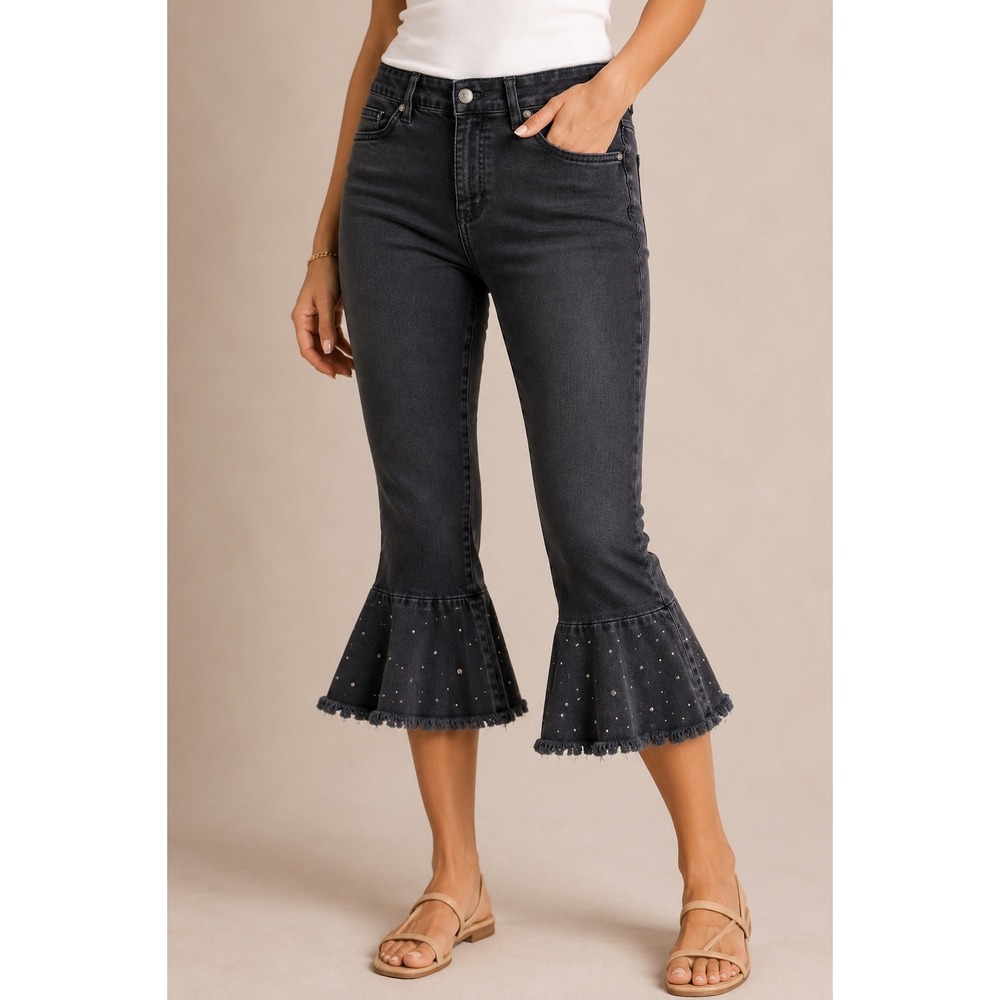 Pilcro Jeans Women 30 Black Excellent Studded Ruffle Hem Crop Anthropologie - Picture 1 of 9